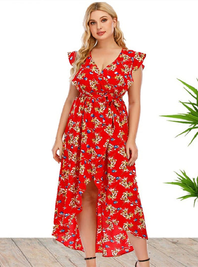 Large Size Women's V-neck Printed Dress