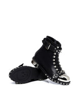 Black Flats Genuine Leather Studded Lace Up Ankle Boots