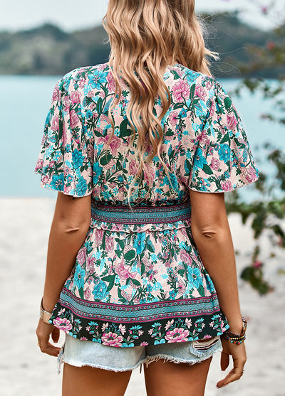 Retro V-neck Short Sleeve Printed Shirt