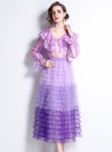 Ruffled Long Sleeve Blouse+Mesh Layer Skirt Suit