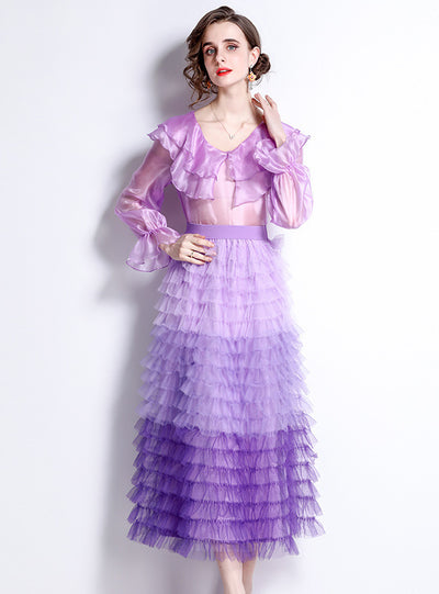 Ruffled Long Sleeve Blouse+Mesh Layer Skirt Suit