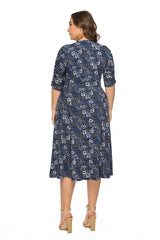 V-neck Short Sleeve Printed Big Swing Pocket Dress