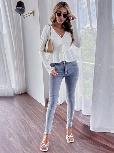 V-neck Pleated Ruffled Long Sleeve T-shirt