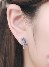 925 Sterling Silver Blue Ribbon Long Drop Earrings 