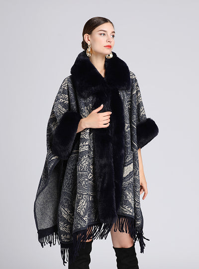 Collar Shawl Cape Jacquard Loose Tassel Woolen Coat