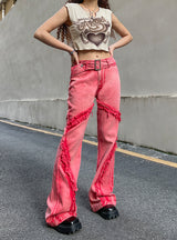 Stitching Color Tassel Metal Button Belt Jeans