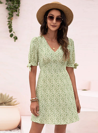 V-neck Temperament Bow Print Dress