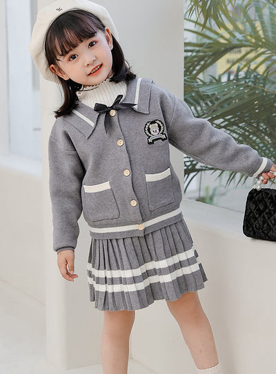 Embroidered Bear Pleated Skirt Two-piece Set