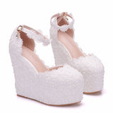 White Lace Wedges Pearl Wedding Shoes