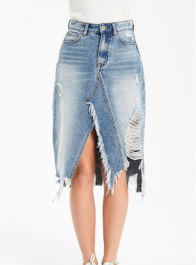 Irregular Tassel Ripped Denim Skirt