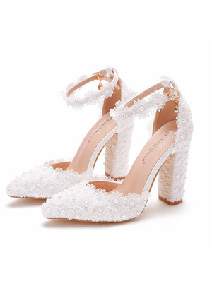 White Lace Pointed Wedding Thick Heels Sandals