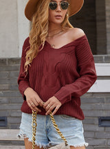 Solid Color V-neck Twist Sweater