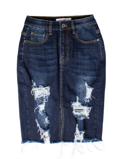 Slim-fit Worn Hole Hip Denim Skirt