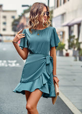 Ruffled Round Neck Solid Color Dress