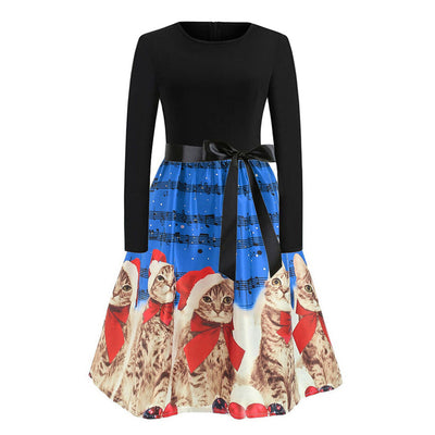 Retro Christmas Printed Long Sleeve Dress