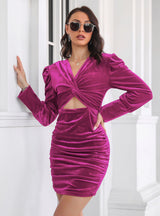 Velvet Kinked Bubble Sleeve Pleated Dress