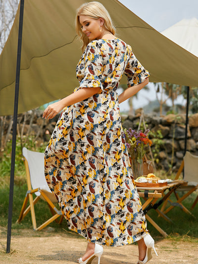 Printed V-neck Lace-up Trumpet Sleeve Long Dress