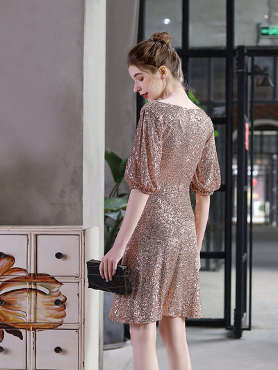V-neck Short Sleeve Sequins Party Dress