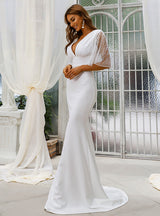 White V-neck Mesh Sleeve Long Dress