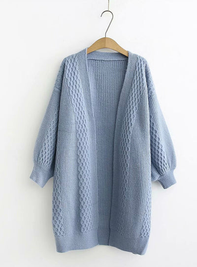 V neck Lantern Sleeve Open Stitch Loose Sweater Jacket