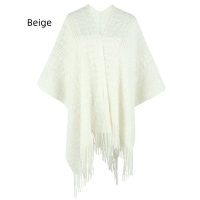 Crocheted Knitted Fringed Cloak Shawl