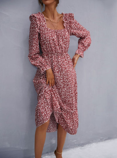 Floral Square Collar Long Sleeve Chiffon Flounce Dress