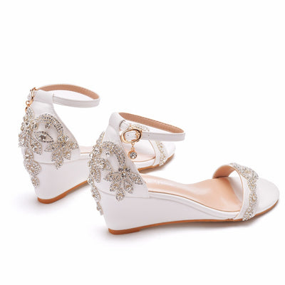 White Wedges Fishmouth Crystal Sandals