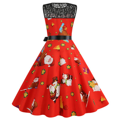Christmas Printed Lace Stitching Dress