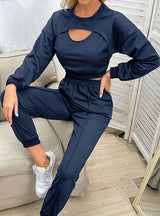 Hollow Out Long Sleeve T-shirt Fake Two-piece Sports Suit