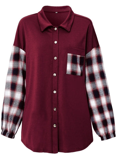 Plaid Stitching Lapel Loose Shirt
