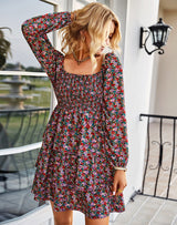 Square Neck Long Sleeve Print Cake Dress