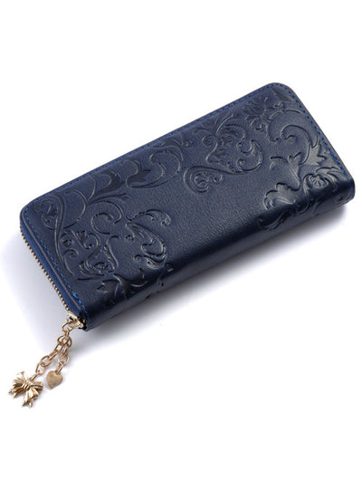 Genuine Leather Women Long Purse Flower Embossing 