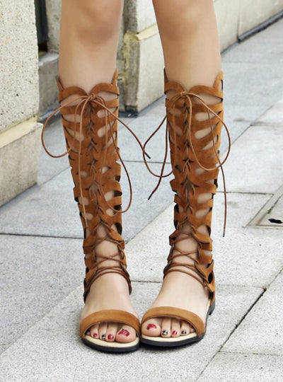 Knee High Gladiator Sandals Lace Up Flats Heel 