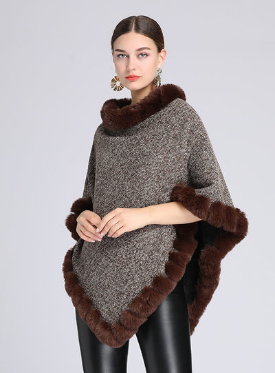 Wool-padded Fur Collar Shawl Cape Knitted Pullover