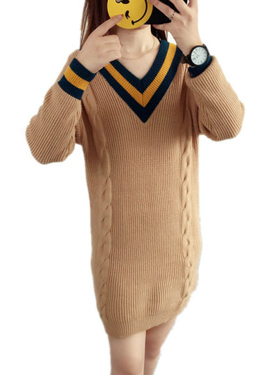 V neck Long Sleeve Loose Knitwear Sweater Dress