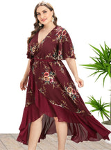 V-neck Ruffled Irregular Printed Dress