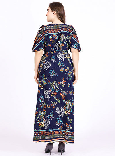 V-neck Short Sleeve Retro Printed Bohemian Chiffon Dress
