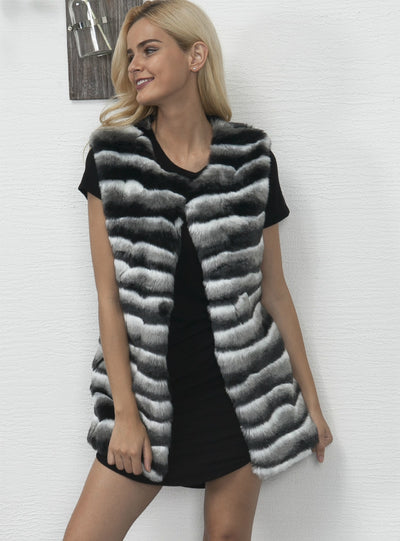 Crewneck Waistcoat Stripes Faux Fur Waistcoat Women
