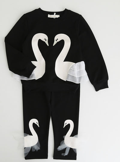 Swan Lace Design Sweatshirts+Pants Suit