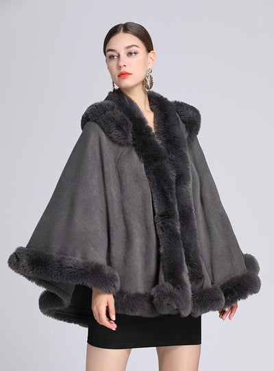 Wool Collar Hooded Shawl Large Size Loose Cloak