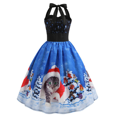Retro Christmas Printed Halter Dress