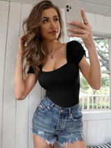 Square Neck Pleated Slim Short Sleeve T-shirt Top