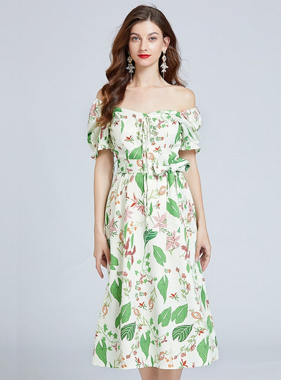 Bubble Sleeve Waist Slim Green Print Dress