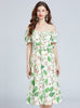 Bubble Sleeve Waist Slim Green Print Dress