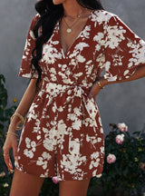 V-neck Short Sleeve Chiffon Shorts Jumpsuit