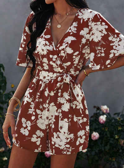 V-neck Short Sleeve Chiffon Shorts Jumpsuit