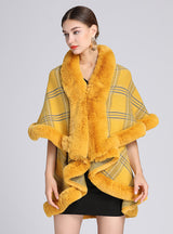 Fur Collar Plaid Shawl Cloak Large Size Knitted Coat