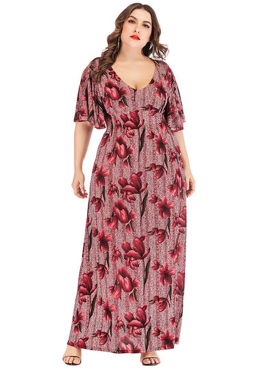 V-neck Short Sleeve Retro Printed High Waist Bohemian Dress