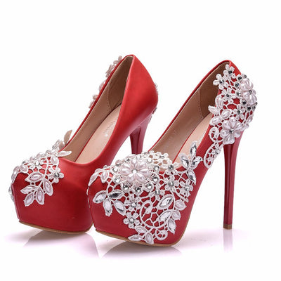 White Beaded Lace Flowers Wedding Shoes