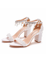 Women Beaded White Lace Sandals